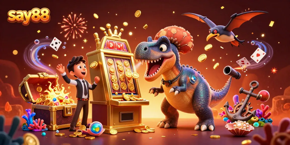 Experience the excitement of say88 with a dino jackpot, gold coins, and celebratory effects in this vibrant casino illustration.