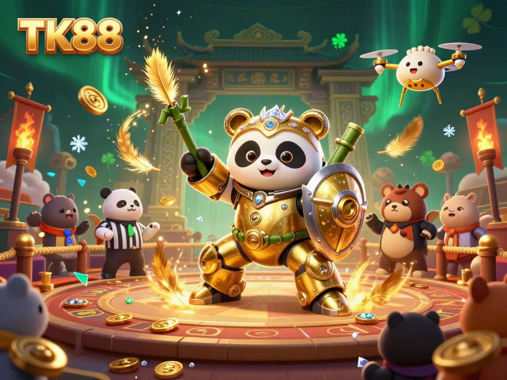 Engage in thrilling online casino action with TK88's vibrant 3D illustration featuring battling robots and festive visuals.