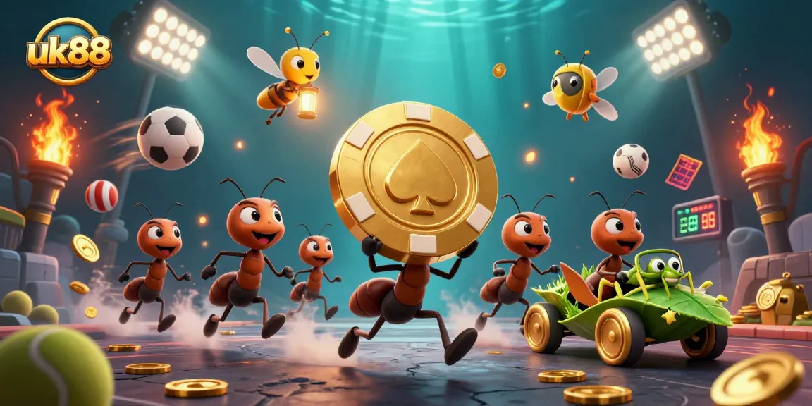 Engage with uk88's vibrant casino adventure featuring a 3D heist with cartoon ants and golden poker chips.