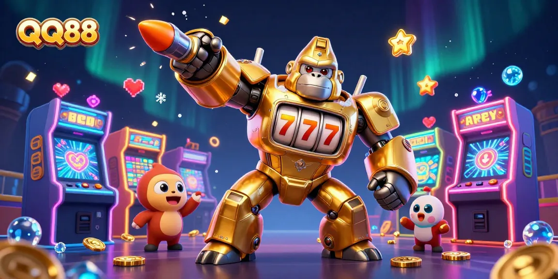 Engage in thrilling gaming experiences with QQ88's vibrant casino illustrated scene featuring dynamic game elements.