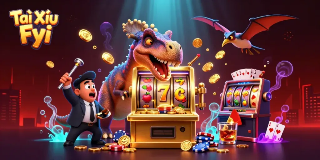 Tài Xỉu Fyi captivates with a pachycephalosaurus winning a jackpot, flanked by a casino manager and a soaring pteranodon.