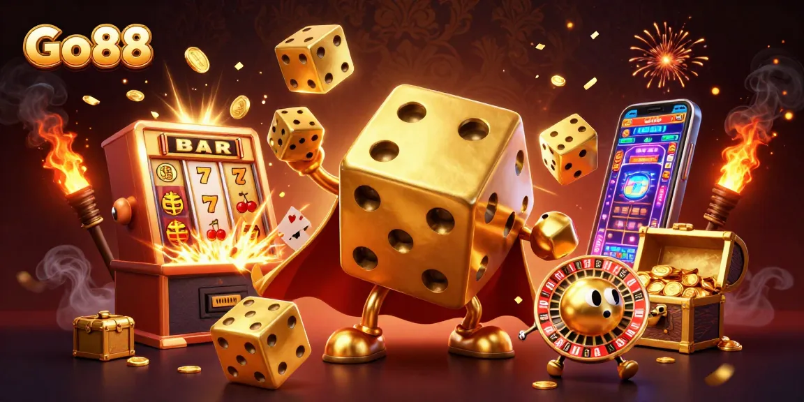 Experience thrilling gameplay at Go88 with 3D golden dice golem and vibrant casino elements in an extravagant scene.
