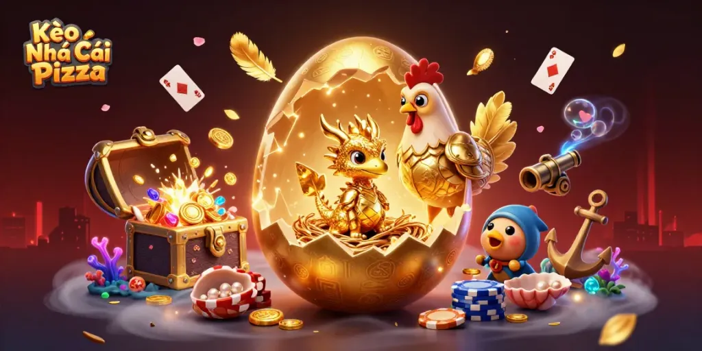 Kèo Nhà Cái Pizza showcases a golden dragon amid poker chips, emphasizing thrilling casino adventures.
