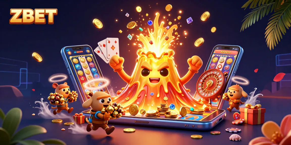 ZBET launches exciting promotions and games with a golden volcano erupting treasure and vibrant casino elements.