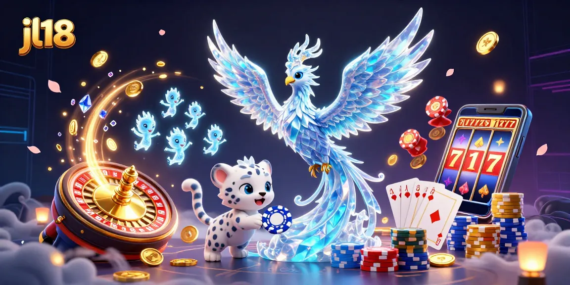 Experience immersive fun at jl18 with an ice phoenix, playful snow leopard, and vibrant casino action.