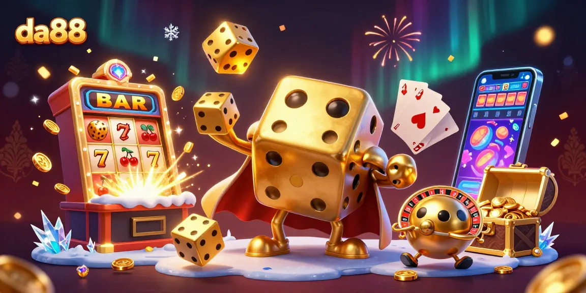 da88 winning strategies in a vibrant casino scene with golden dice and slot machines