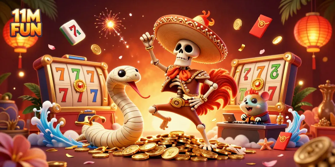 Experience exciting moments with 11M FUN spinning slot reels in a vibrant casino scene.