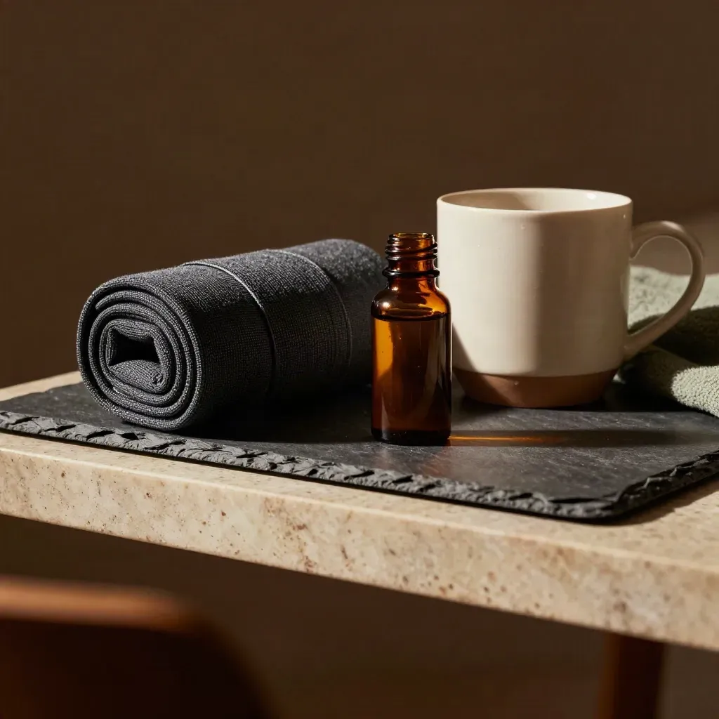 Compression wrap, mug and amber medicine bottle on travertine in moody studio light.