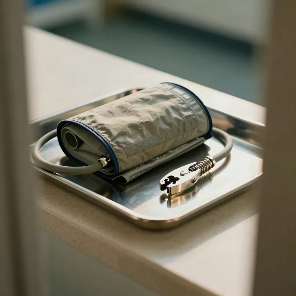 BP cuff, oxygen probe and stainless tray on a clinic ledge in soft moody light