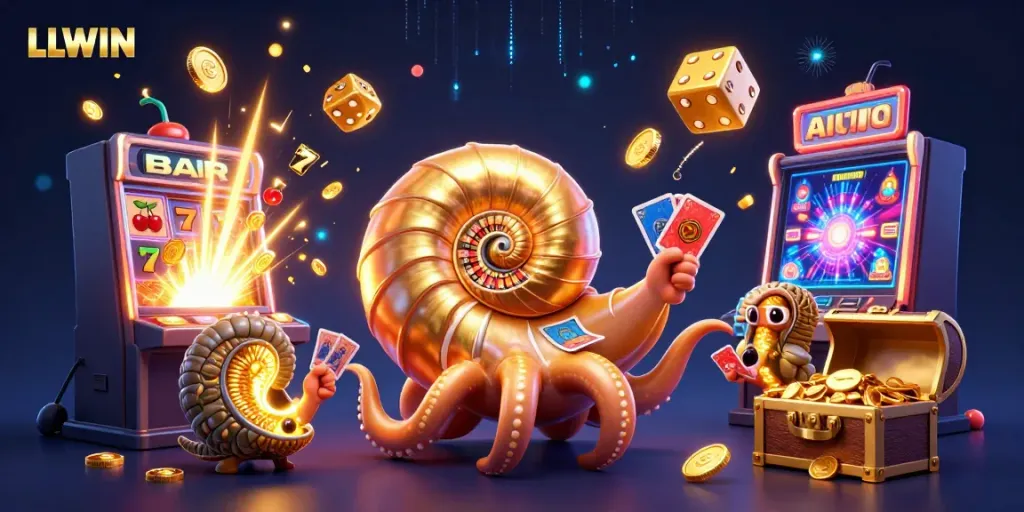 Experience the excitement of LLWIN with a vibrant casino scene featuring a golden nautilus roulette wheel.