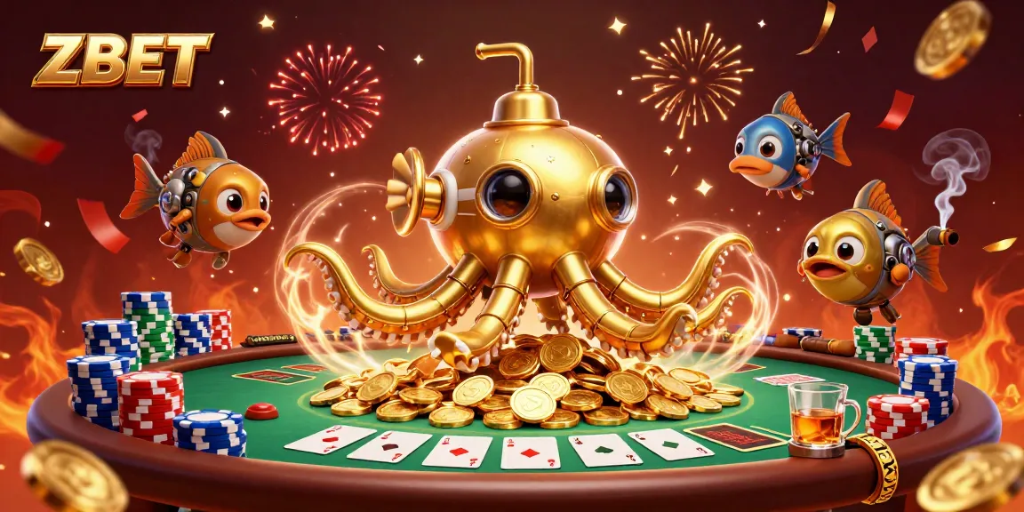 ZBET showcases a thrilling underwater scene with a golden kraken submarine amid poker excitement.