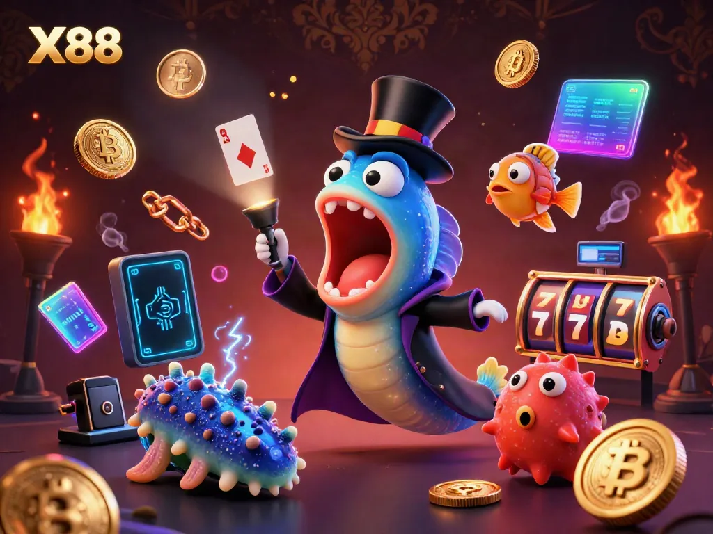 Engage with X88's dynamic casino magic show featuring enchanting sea creatures and vibrant crypto elements.