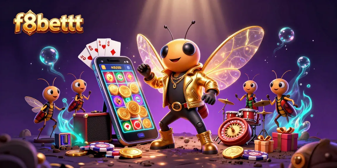 Experience thrilling gameplay with f8bettt as a rock star cicada and vibrant casino elements surround a colorful slot game.