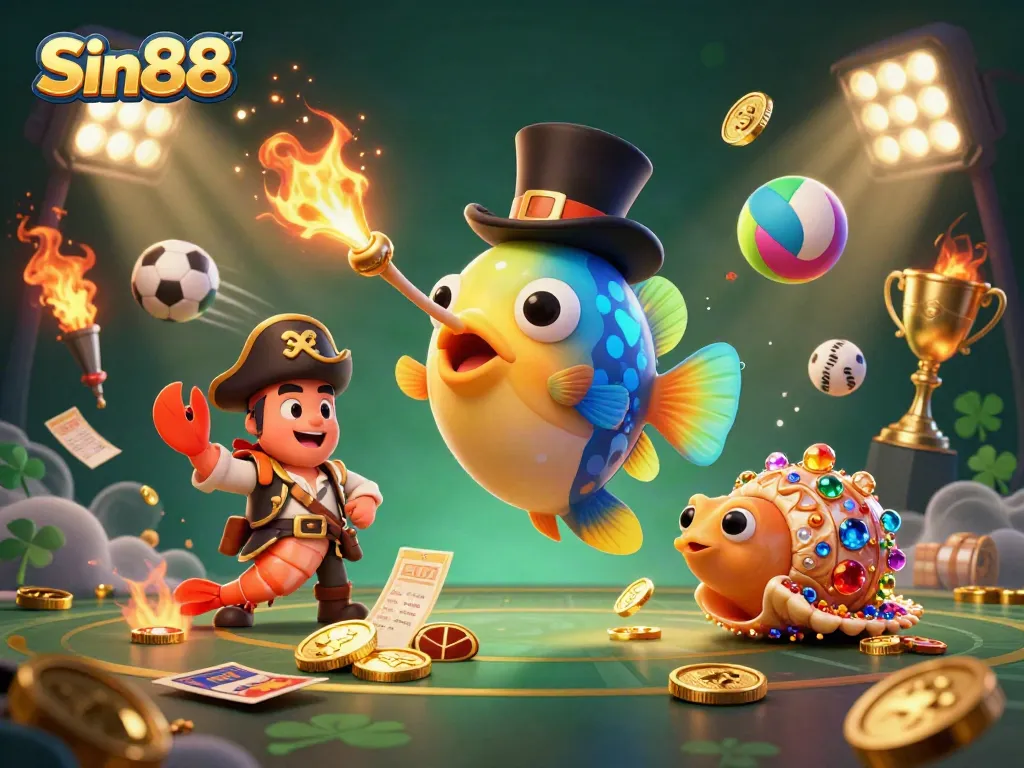 Play games at Sin88 while the anglerfish attracts golden coins in a vibrant casino illustration.