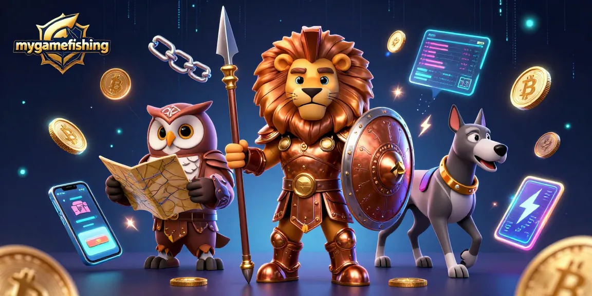 Engage with mygamefishing as a Spartan lion and companions strategize in a crypto-rich casino scene.