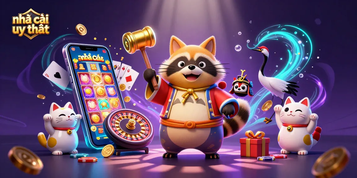 Experience winning strategies at nhà cái uy tín with cheerful tanuki, crane, and waving cats amid vibrant casino elements.
