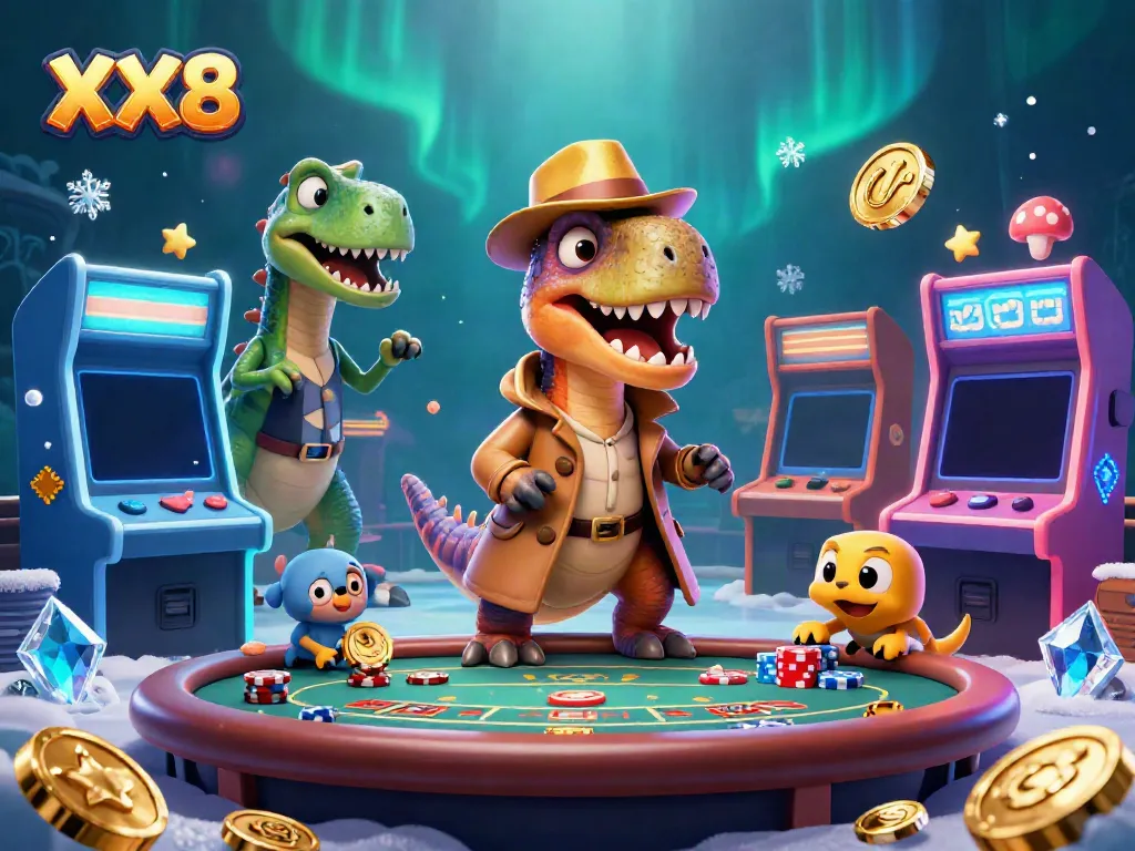 Experience the excitement of the XX8 casino scene with vibrant characters and neon game elements.