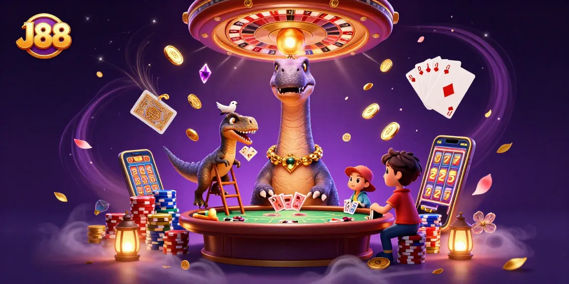Experience thrilling gaming at J88 with vibrant casino action featuring a giant brontosaurus and clever raptor dealer.
