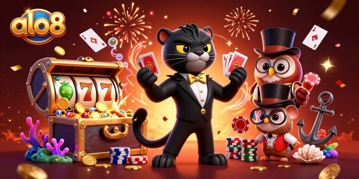 Experience the thrill at alo8 as our stylish characters celebrate winnings with poker chips and playful scenes in a vibrant casino.