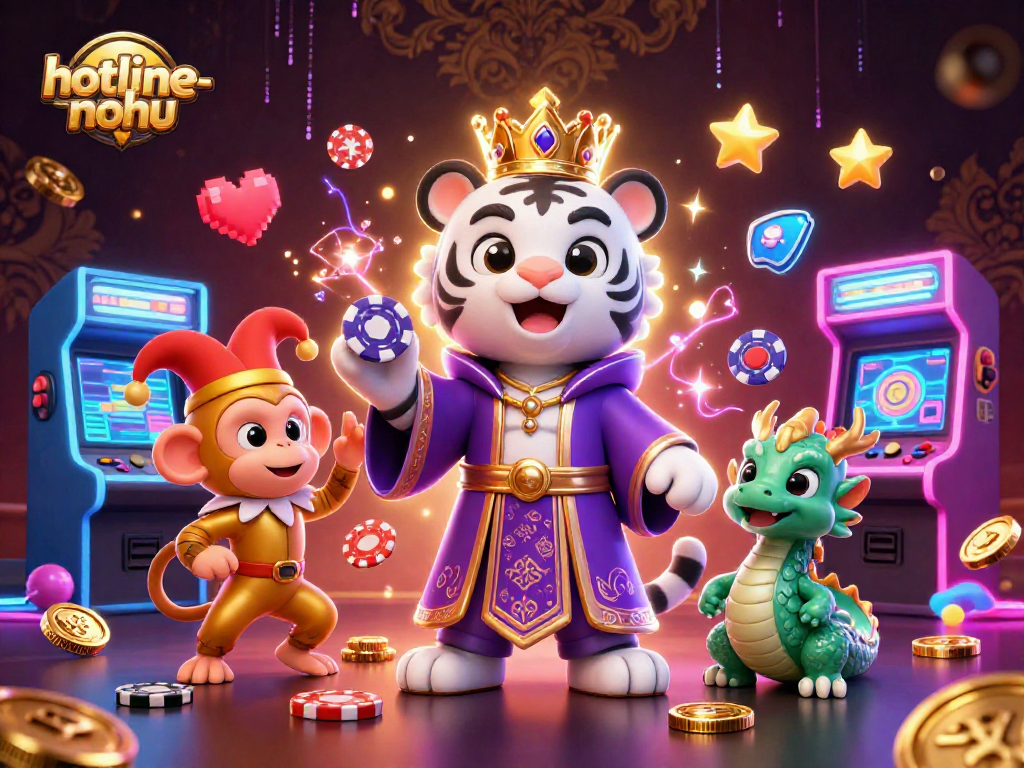 Exciting game scene with hotline-nohu aesthetics featuring a royal tiger, jester monkey, and lively dragon amidst casino elements.