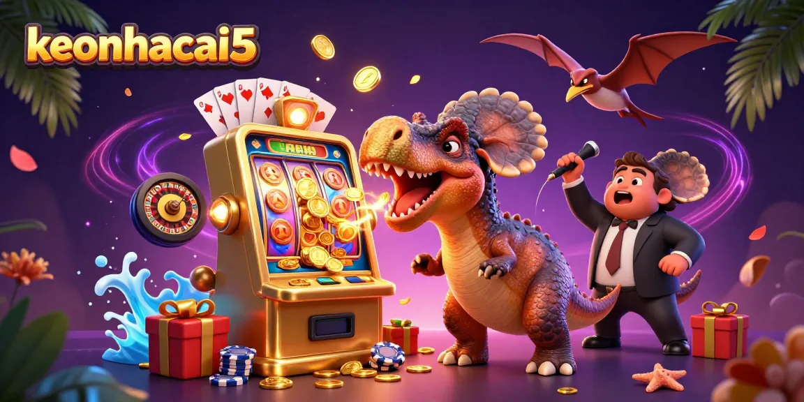 Experience the excitement of keonhacai5 with a pachycephalosaurus jackpot scene and vibrant casino elements.
