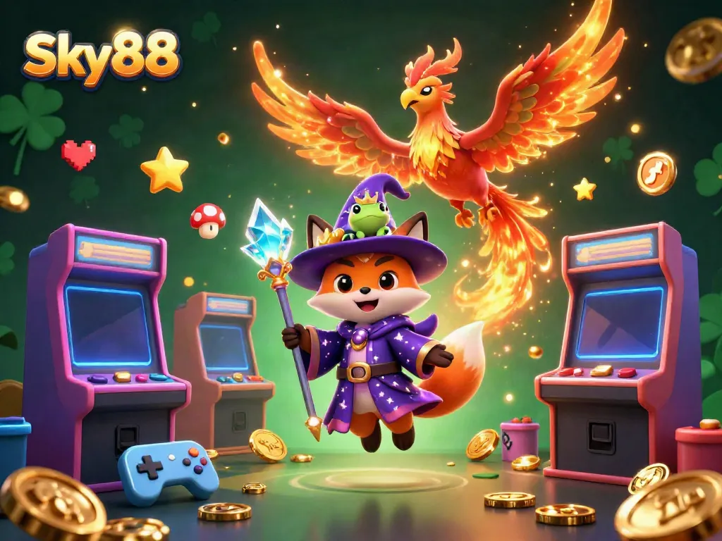 Engage in thrilling gaming adventures at Sky88 with a magical scene featuring a wizard fox, phoenix, and gaming elements.