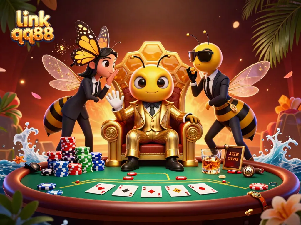 Engage in the vibrant world of QQ88 with a bumblebee mob boss overseeing an exhilarating poker game.