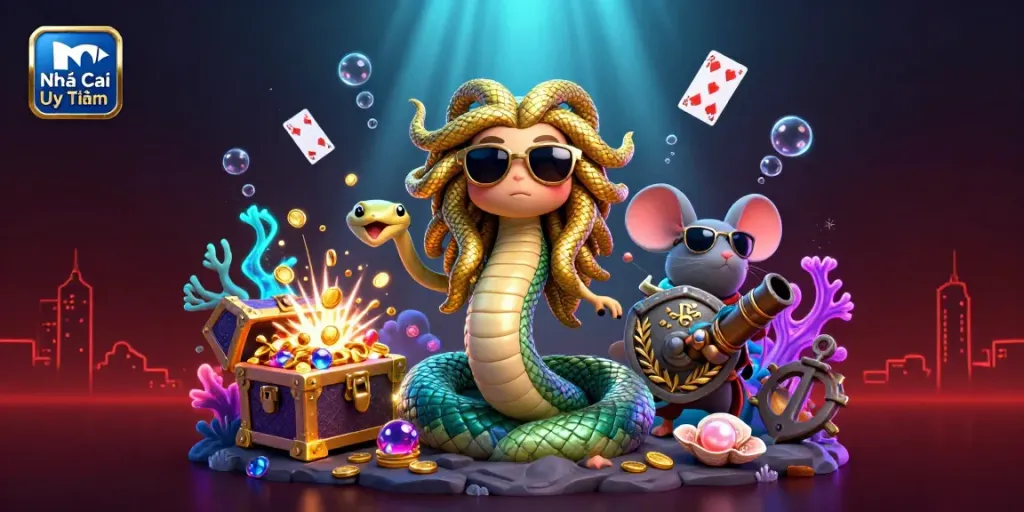 Engage with the vibrant world of Nhà Cái Uy Tín surrounded by fortune elements and mythical characters.