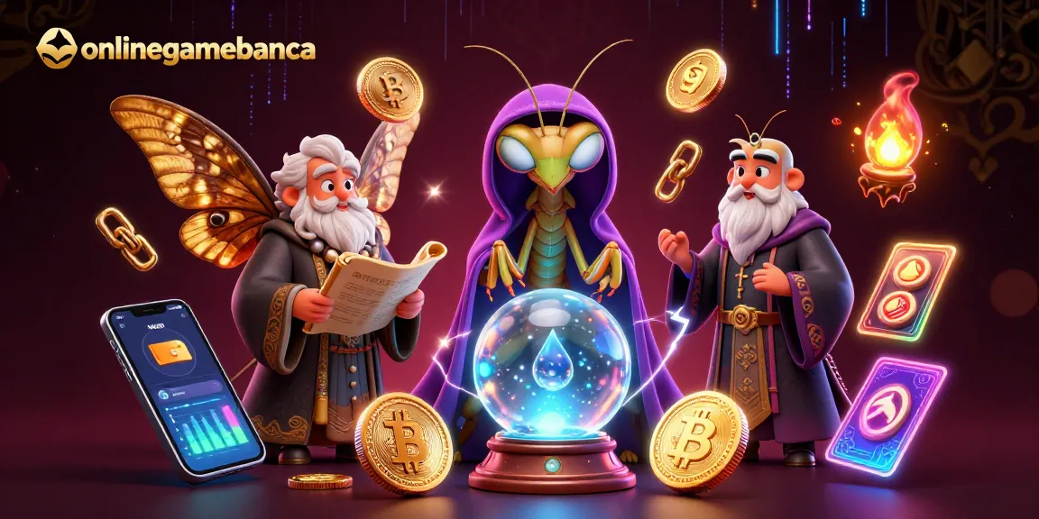 Experience thrilling gameplay with onlinegamebanca's vibrant 3D casino illustration, showcasing mystical characters and crypto elements.