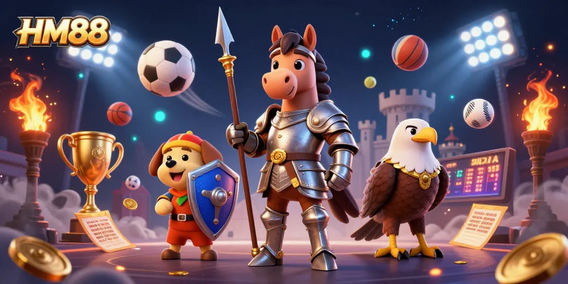 Experience thrilling gaming with HM88 in an action-packed illustration of a knight and sports elements.