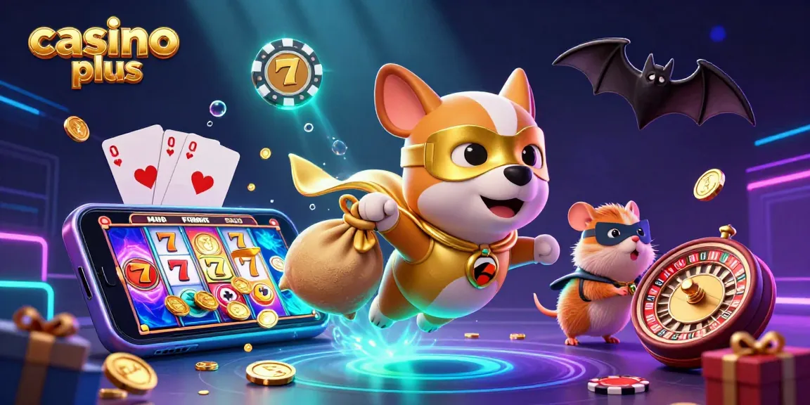 Join the excitement at casino plus with a superhero dog flying surrounded by vibrant games and prizes.