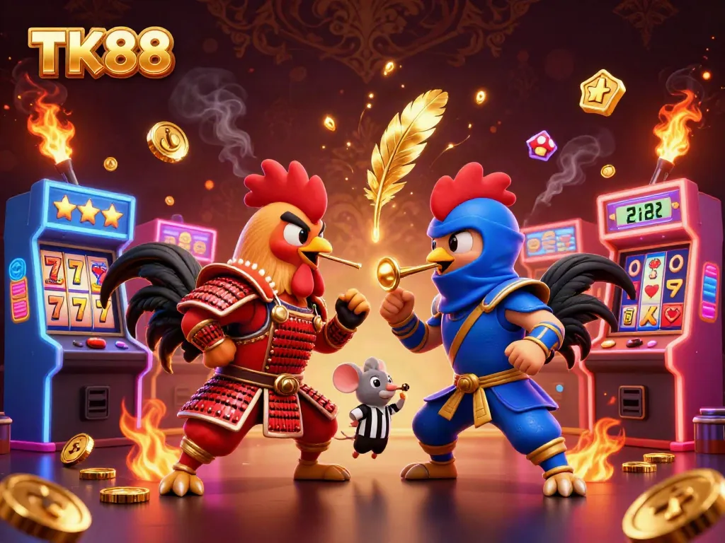 Engage with TK88, featuring cartoon roosters battling in a thrilling slots atmosphere