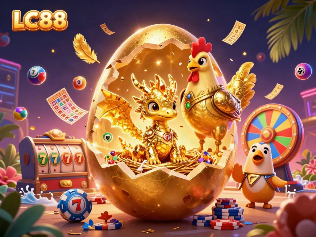 Experience the excitement of LC88 with a golden dragon guarding a wealth of casino treasures.