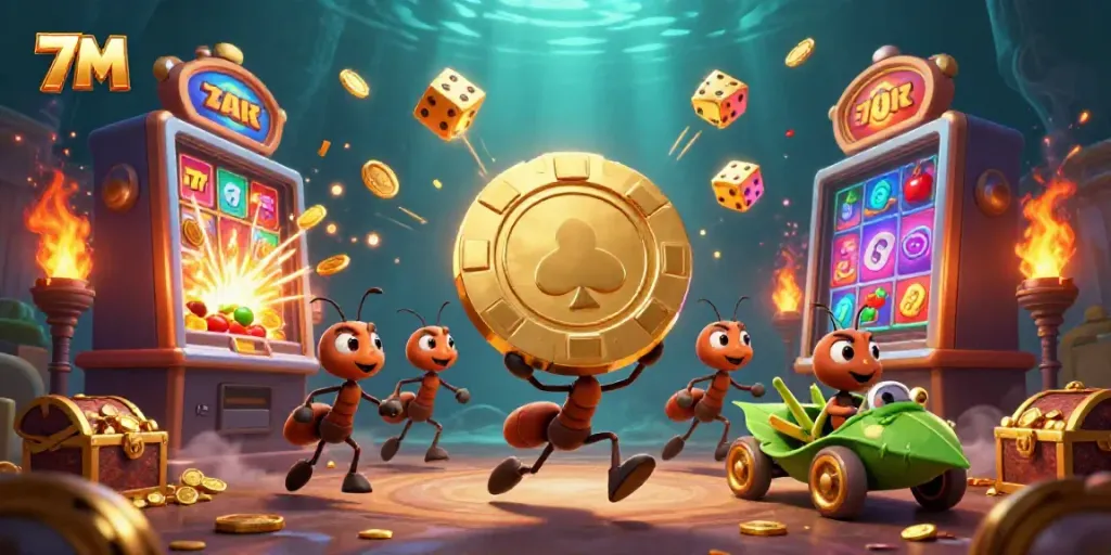 7M team of cartoon ants executing a heist with golden chips, surrounded by slot machine and casino elements