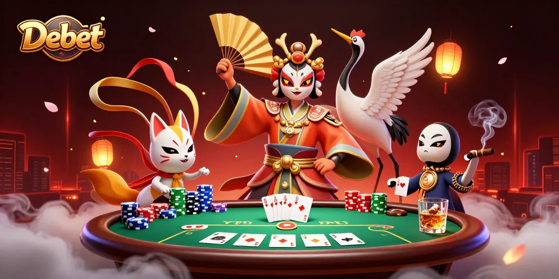 Experience the vibrant world of Debet with a dynamic gambling-themed illustration featuring poker elements and traditional characters.