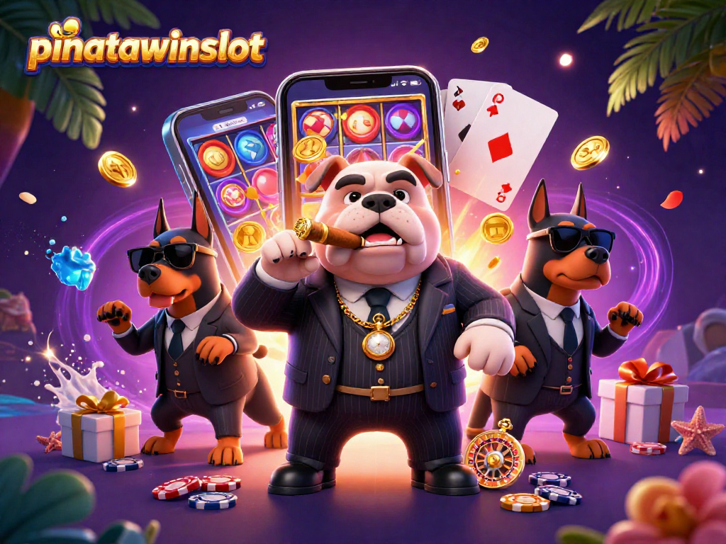 Engage with the excitement of pinatawinsslot as a mafia bulldog presides over a colorful casino scene.