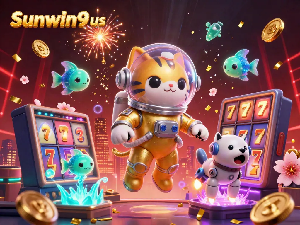 Experience the excitement of Sunwin9 us with a vibrant 3D scene of slot reels and a space cat in a golden suit.