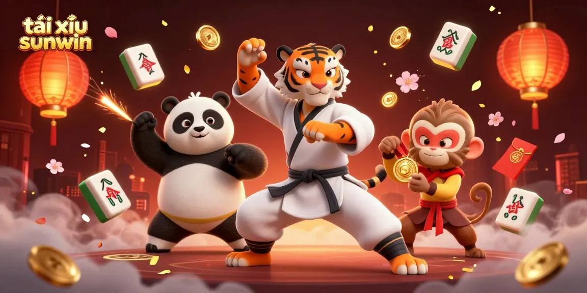 Tài xỉu sunwin features a kung fu tiger and panda in a festive casino scene filled with lucky symbols.