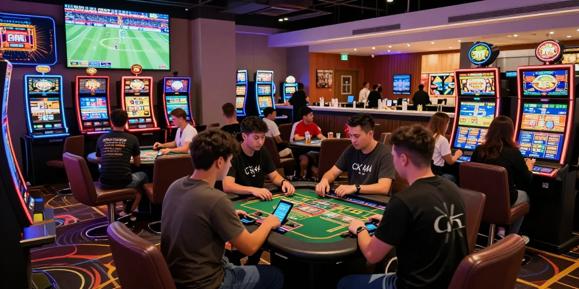 Experience CK 444 with vibrant gaming atmosphere, diverse players enjoying slots and sports betting.