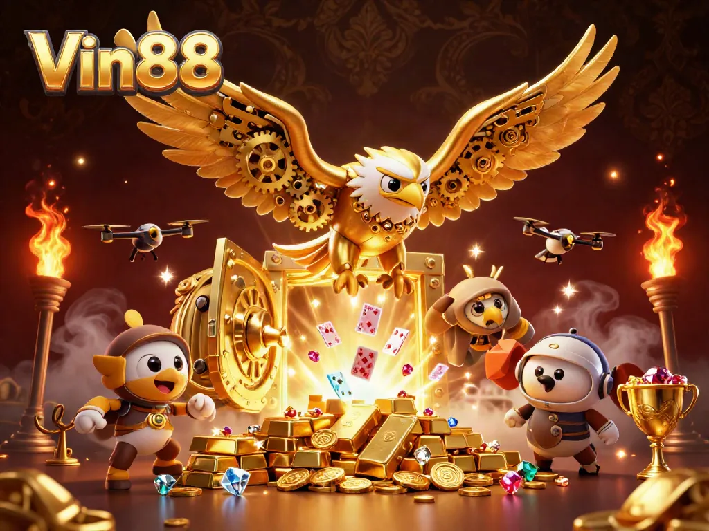Experience the thrilling world of Vin88 with a vibrant 3D casino scene packed with gold and action.