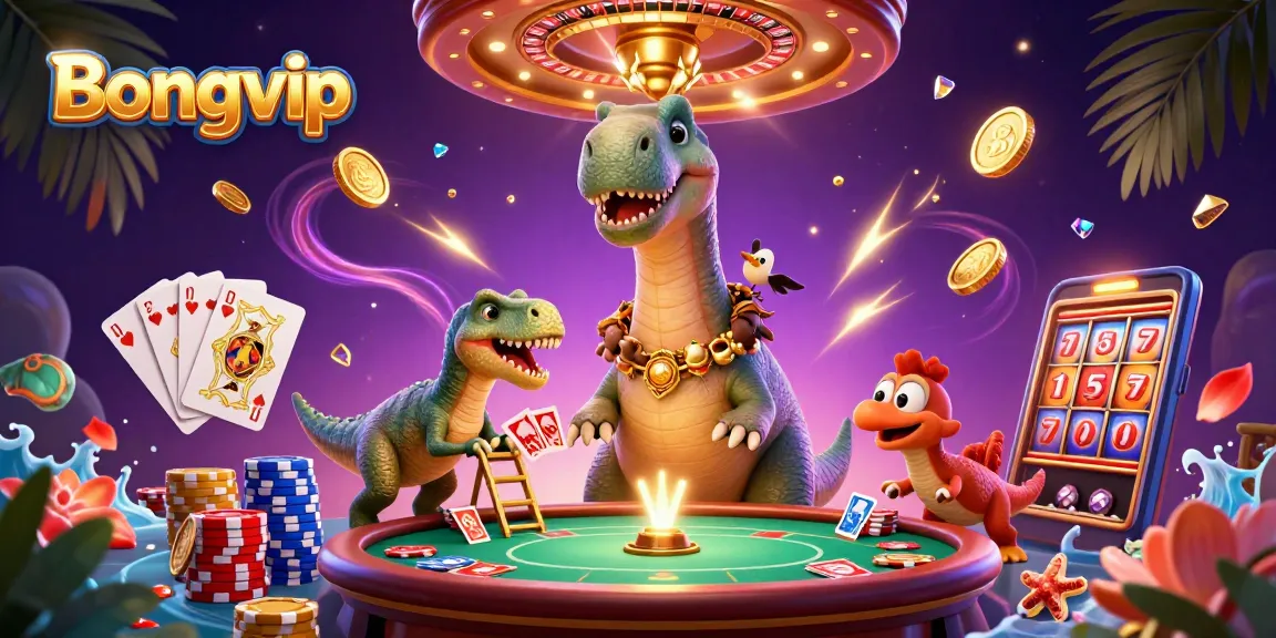 Bongvip engages players with a vibrant scene of casino excitement featuring a playful dinosaur and dynamic gaming action.