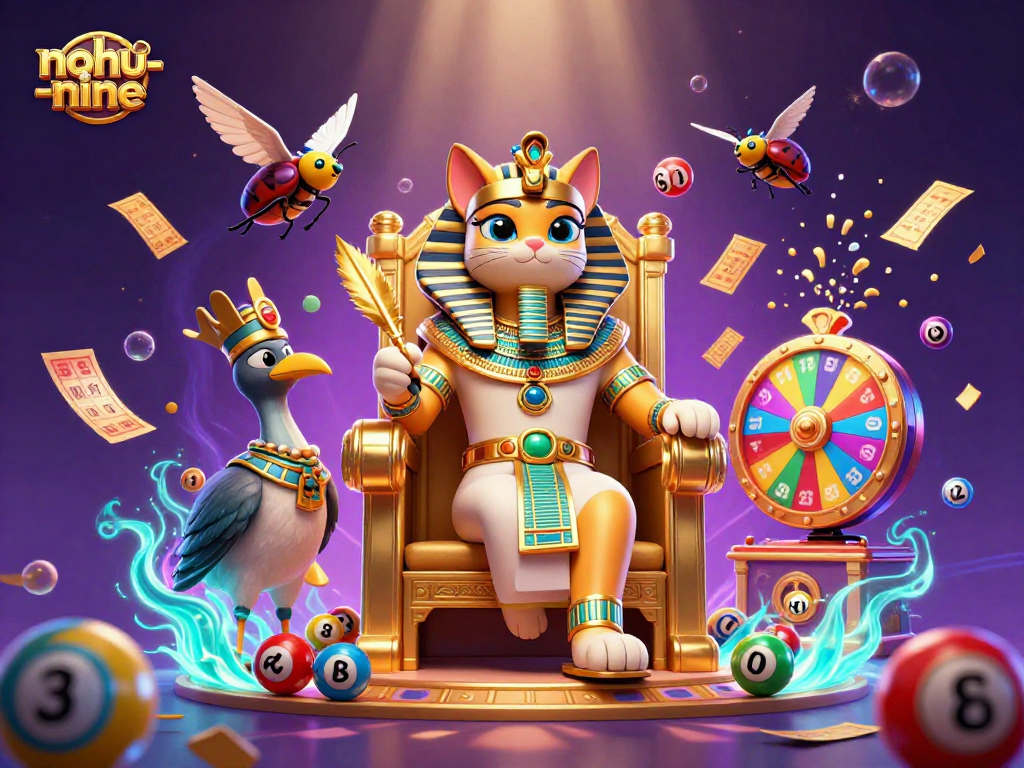 Engaging players at nohu-nine as a pharaoh cat leads in a vibrant casino scene.