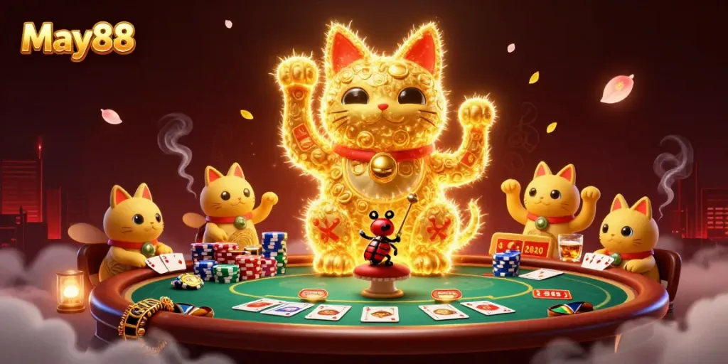 Experience the excitement of May88 with golden fireflies forming a lucky cat amidst vibrant casino elements.