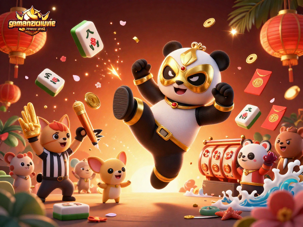 Experience excitement at gamenongtraivuive with a panda wrestler flying high in a thrilling casino scene.