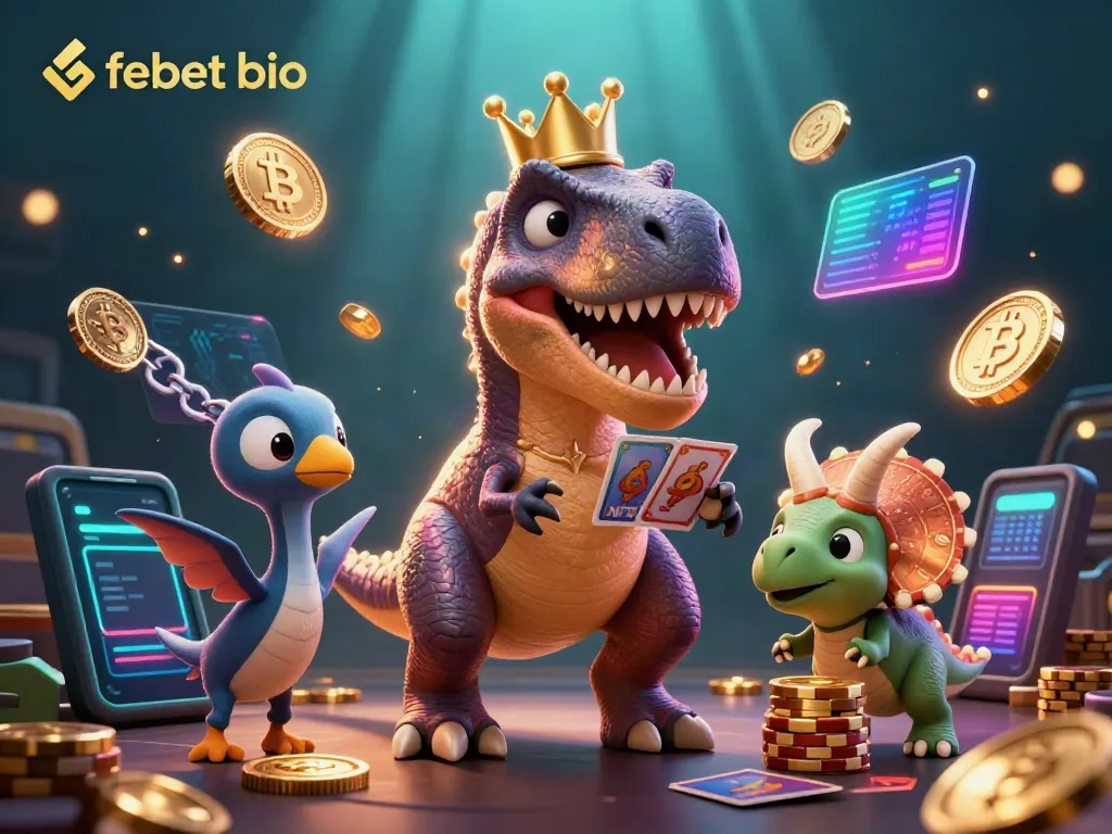 Watch the fun-filled febet bio adventure with animated dinosaurs playing cards and stacking golden chips.