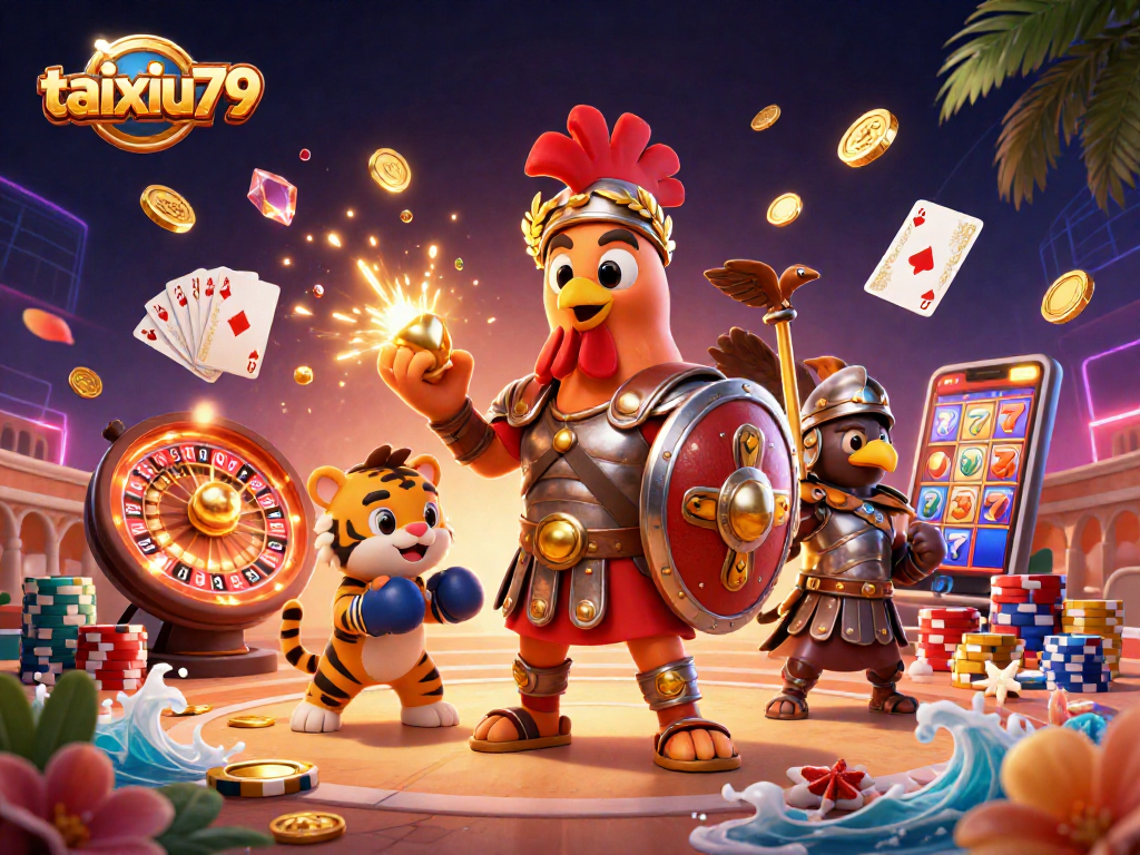 Experience the thrill of taixiu79 with a dynamic scene featuring a gladiator rooster and gaming elements.