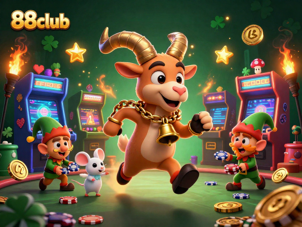Experience excitement at 88club with a whimsical 3D illustration of a holiday casino scene filled with lively characters.