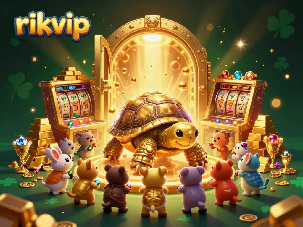 Experience the thrill of rikvip with a dynamic illustration of a golden tortoise pinball machine amidst treasure and slot elements.