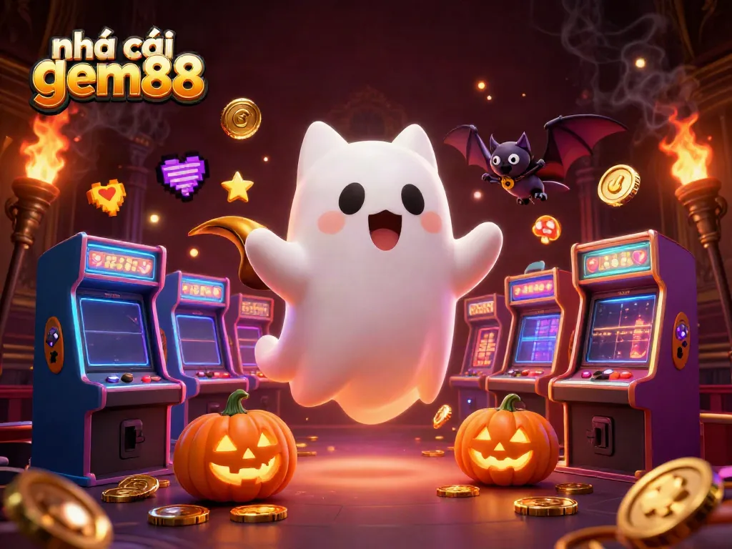Engaging ghost cat exploring a haunted casino with vibrant game elements at nhà cái gem88.