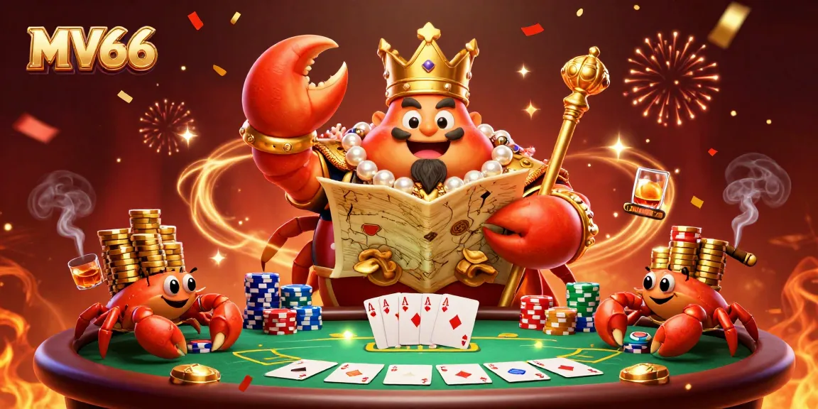 Experience thrilling games with MV66's vibrant casino scene featuring a golden crab emperor and golden chips.